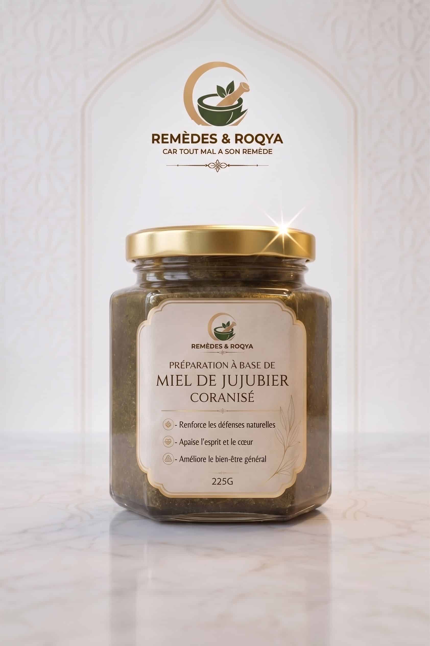 Préparation miel de Jujubier coranisée - Remèdes et Roqya (miel, costus, feuilles de jujubier, graine de nigelle, séné, gingembre)