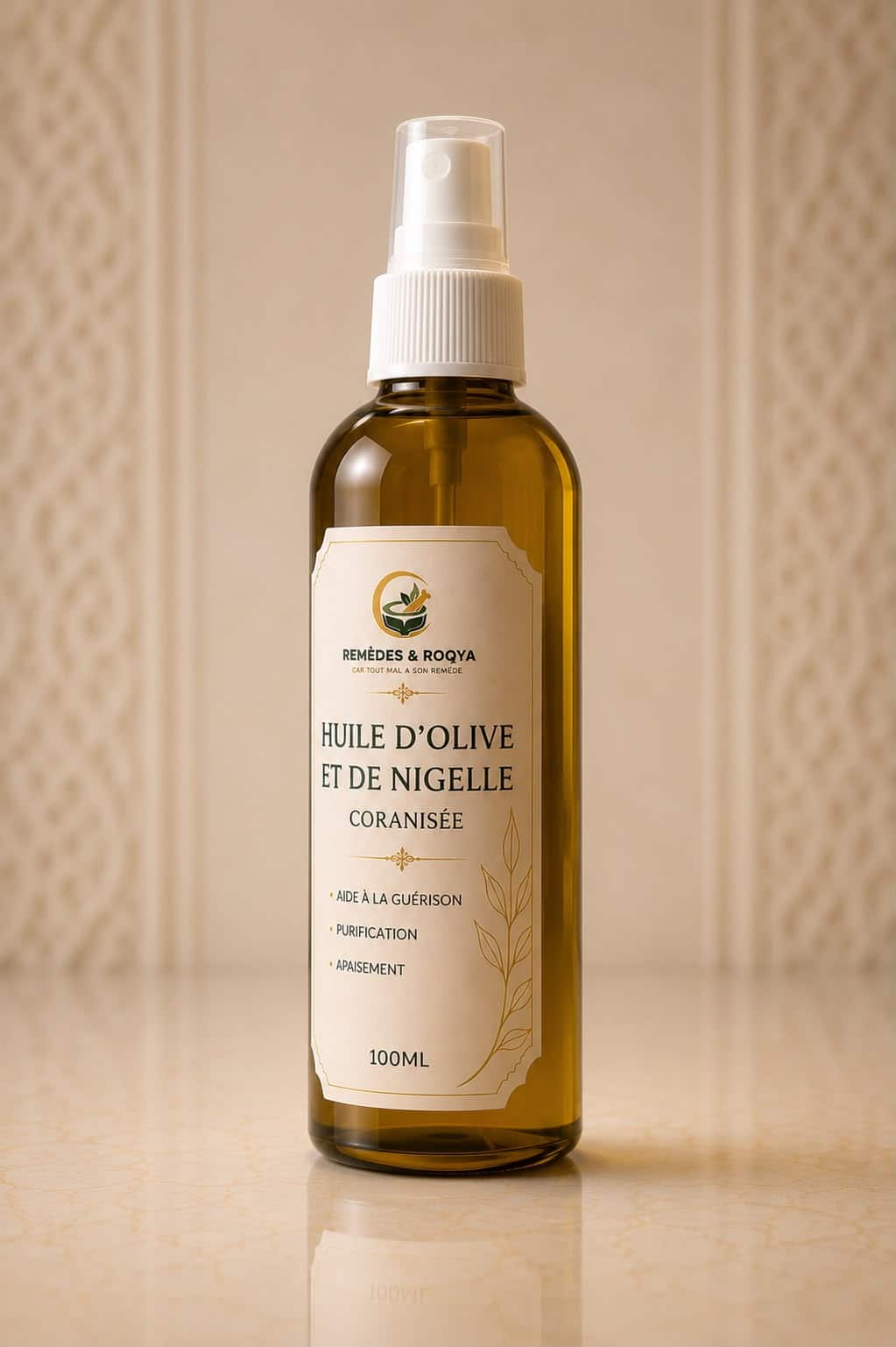 Huile d'olive et de nigelle coranisée vue coté - remèdes et roqya